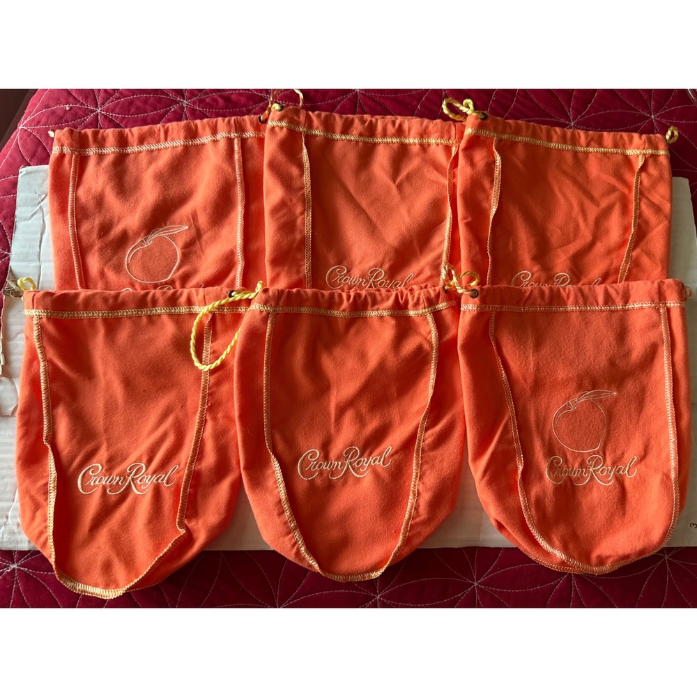 Crown Royal Peach Orange Drawstring Bags Lot of 6 Embroidery Peach Logo LE